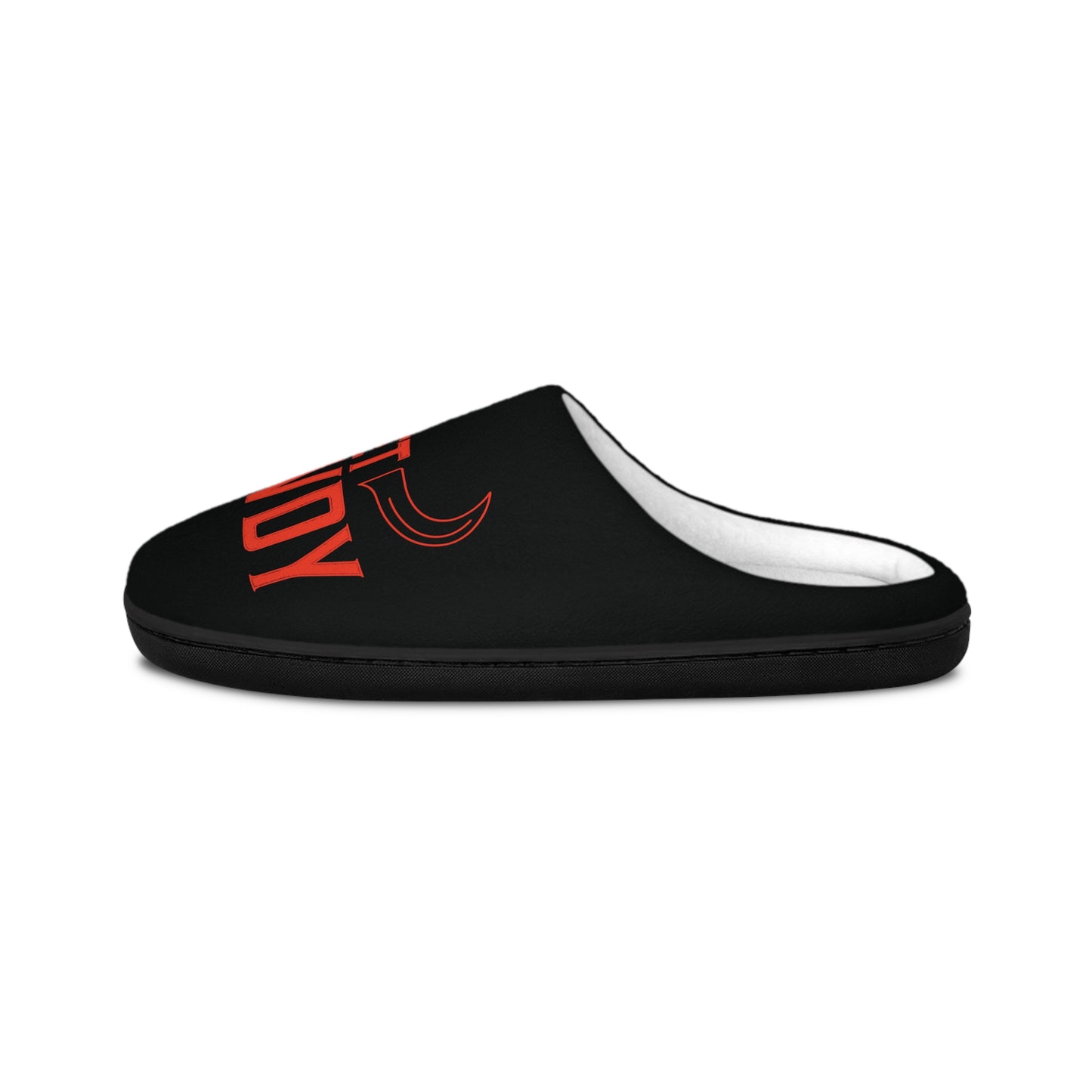 Get Rowdy Men's Indoor Slippers — Black Slip-On House Shoes with Bold Red 'GET ROWDY' Design