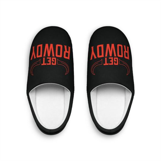 Get Rowdy Men's Indoor Slippers — Black Slip-On House Shoes with Bold Red 'GET ROWDY' Design