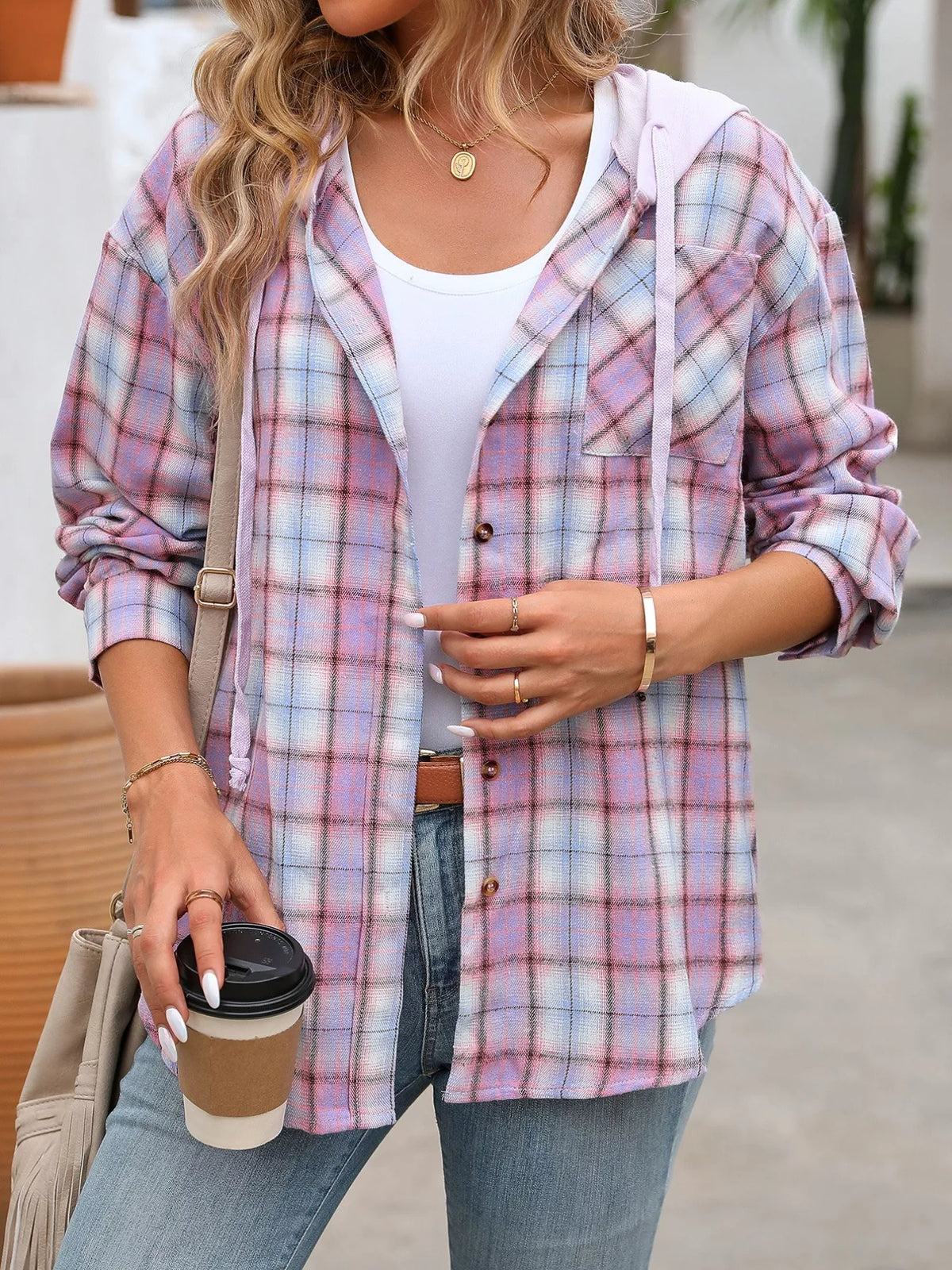 Plaid Button-Up Hooded Shirt with Chest Pocket