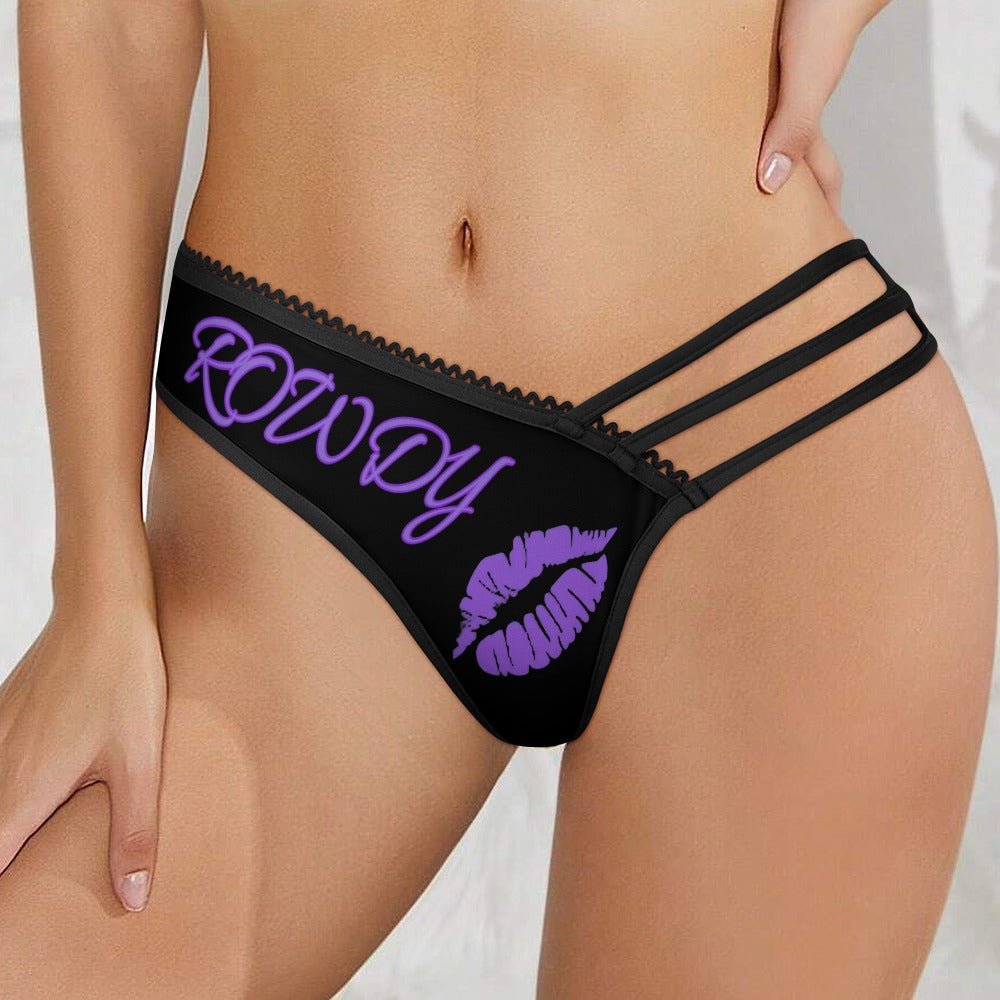 High-quality Rowdy erotic panties showcased with a stylish black design and purple text, highlighting their sexy appeal.