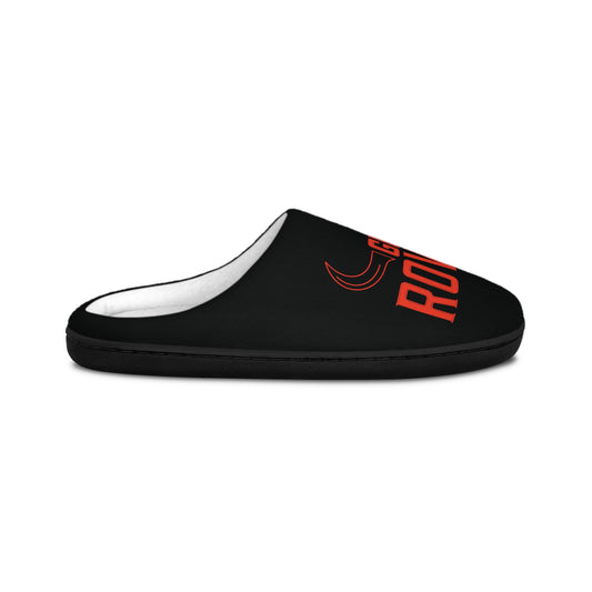 Get Rowdy Men's Indoor Slippers — Black Slip-On House Shoes with Bold Red 'GET ROWDY' Design