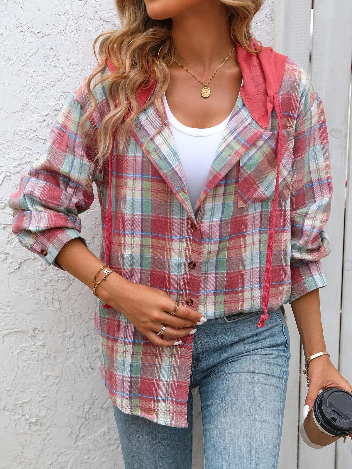 Plaid Button-Up Hooded Shirt with Chest Pocket