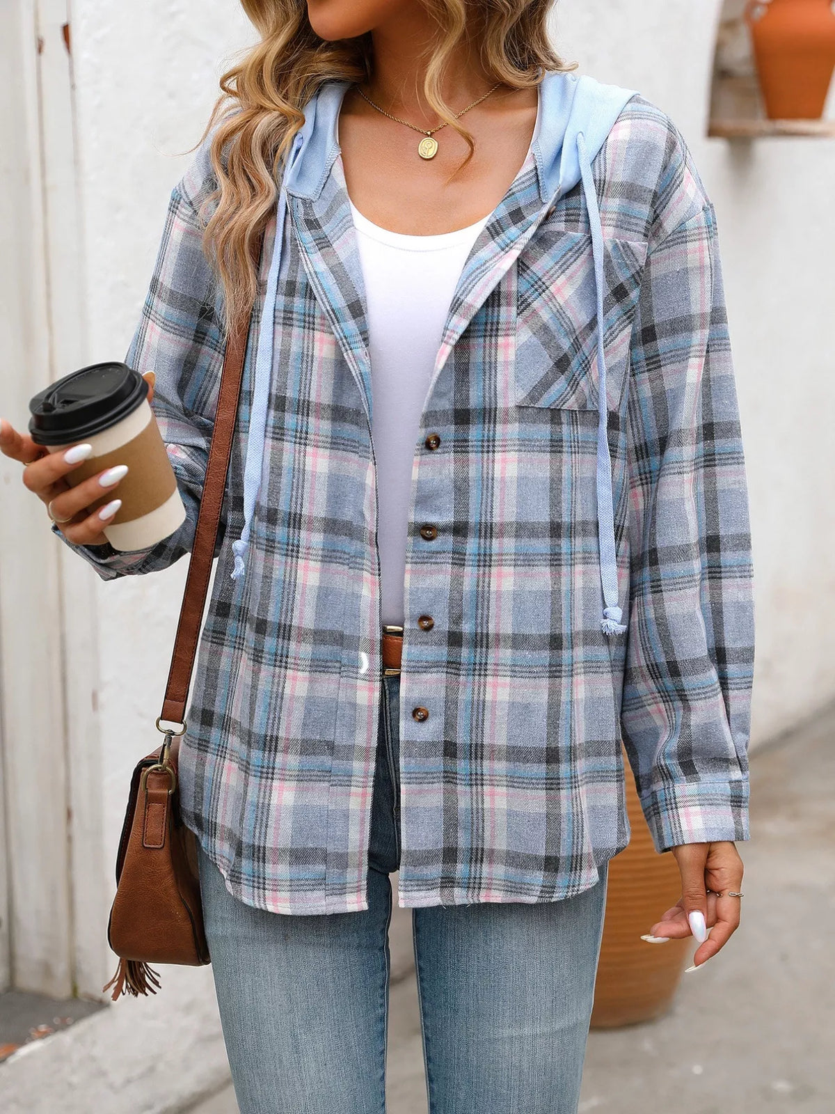 Plaid Button-Up Hooded Shirt with Chest Pocket