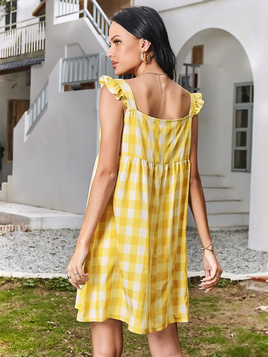 Ruffled Plaid Square Neck Mini Dress